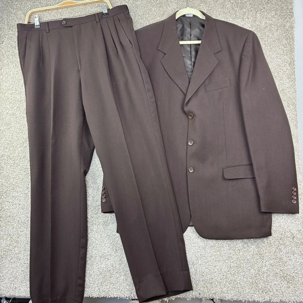 Marco Biella 44L Brown Wool Suit Athletic Fit Pleated 3 Btn Italy Autumn Wedding